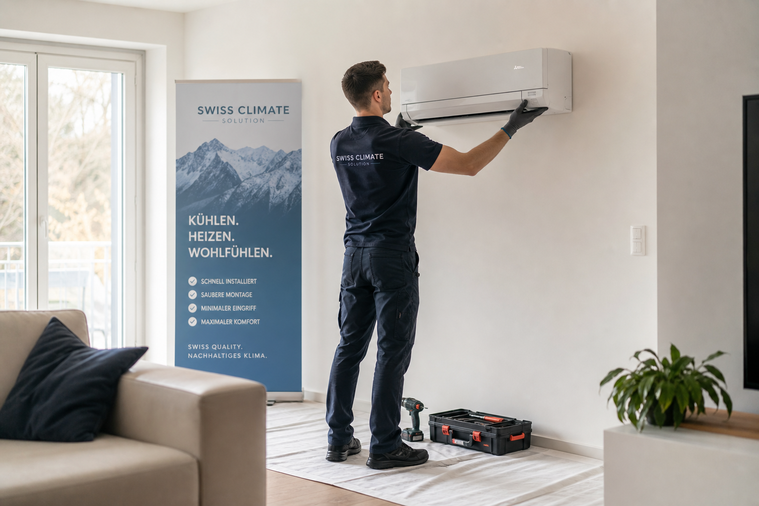 Technicien installant proprement un climatiseur, sans poussière