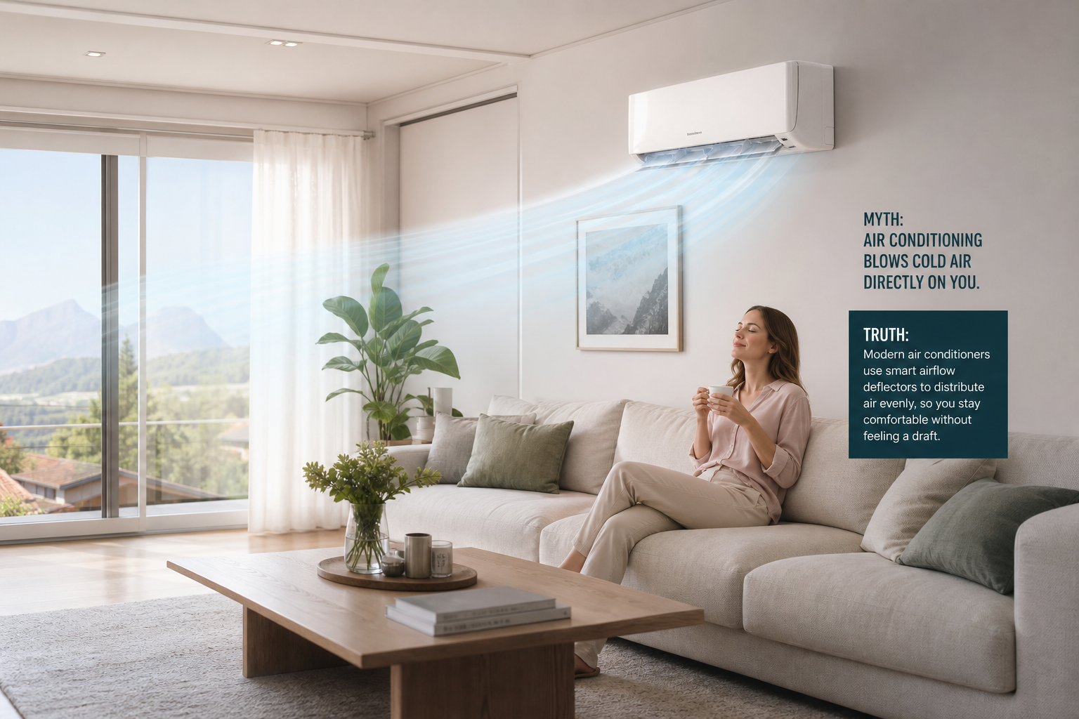 Diffusion homogène de l'air froid dans un salon sans courant d'air direct