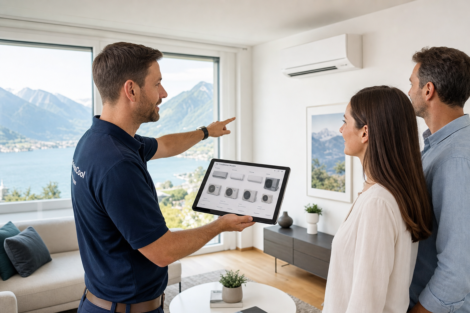 Conseiller aidant un client à choisir le bon modèle de climatiseur